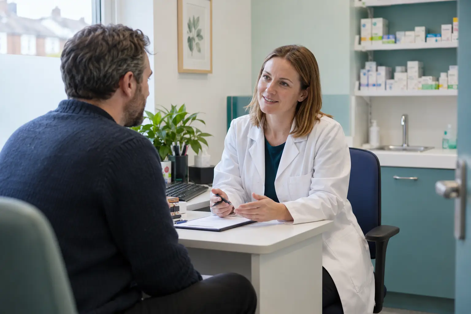 A pharmacist speaking with a patient during a consultation