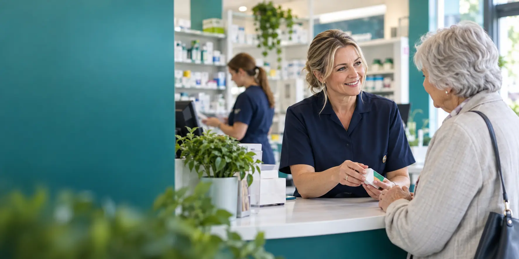 A community pharmacist helping a patient in Sale