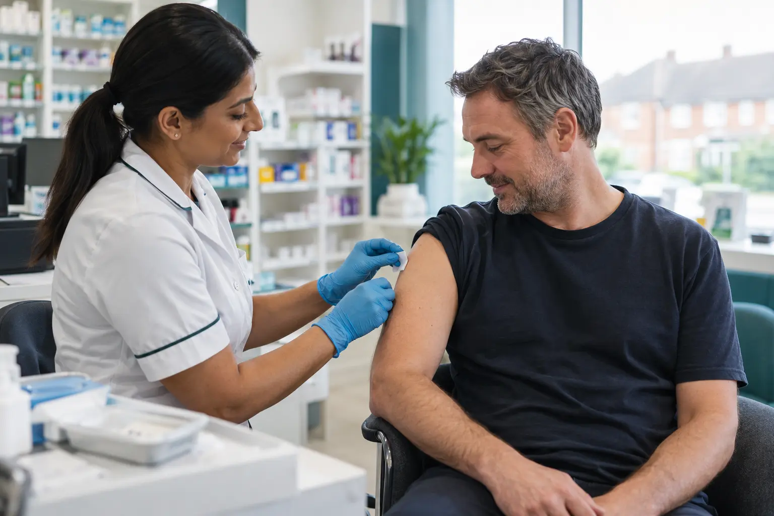 A patient receiving a vaccination from a trained pharmacy professional